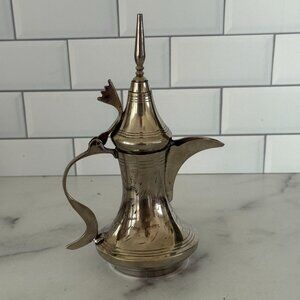 Vintage Middle Eastern Brass Coffee Pot With Engraved Details & Hinged Lid